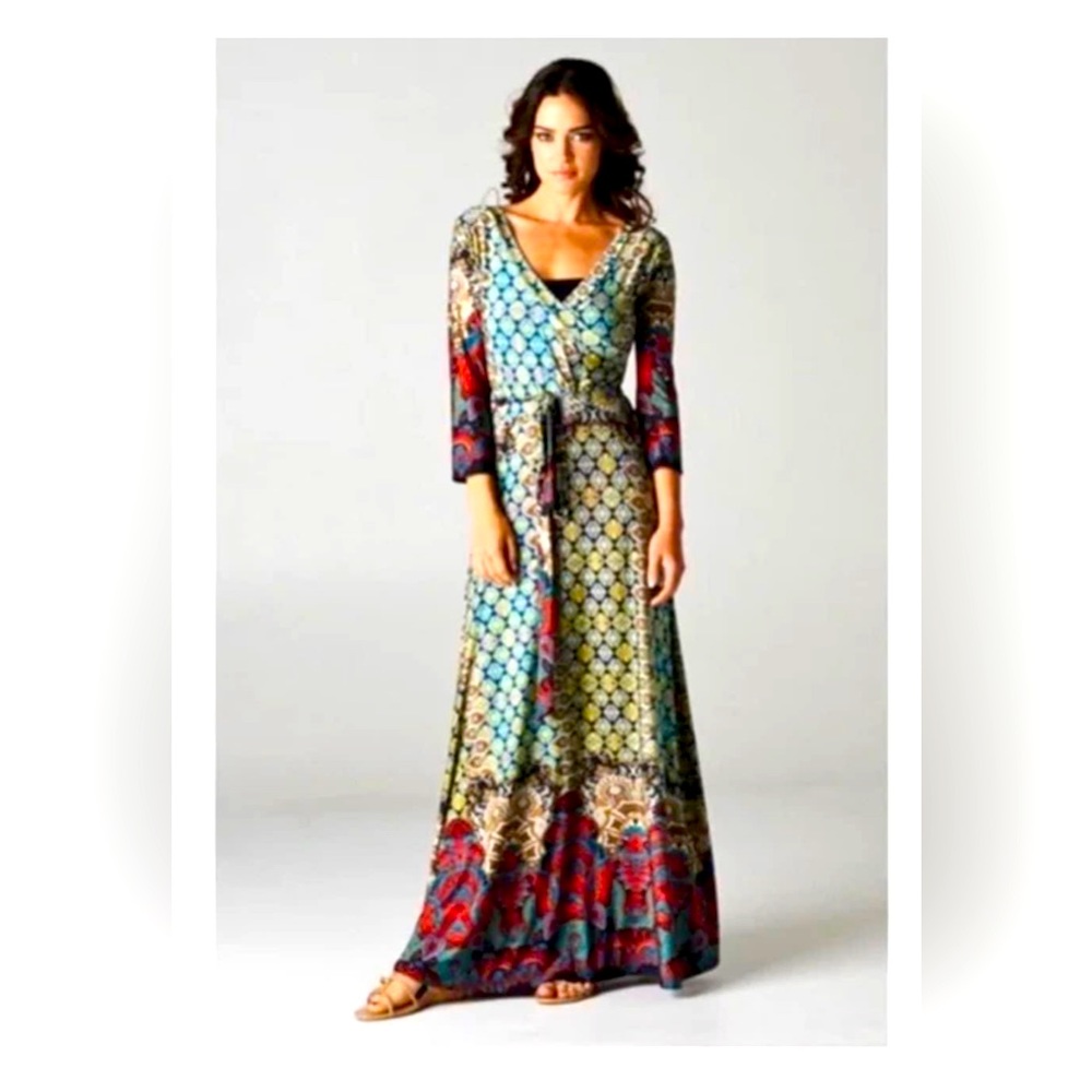 TUA Morrocan Boho Patterned Maxi Dress w/ crossover v-neck & waist belt tie.